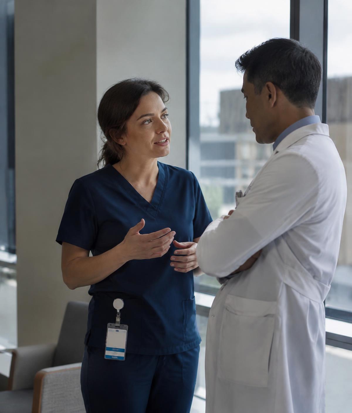 Two healthcare professionals in conversation beside a window in a modern clinical building