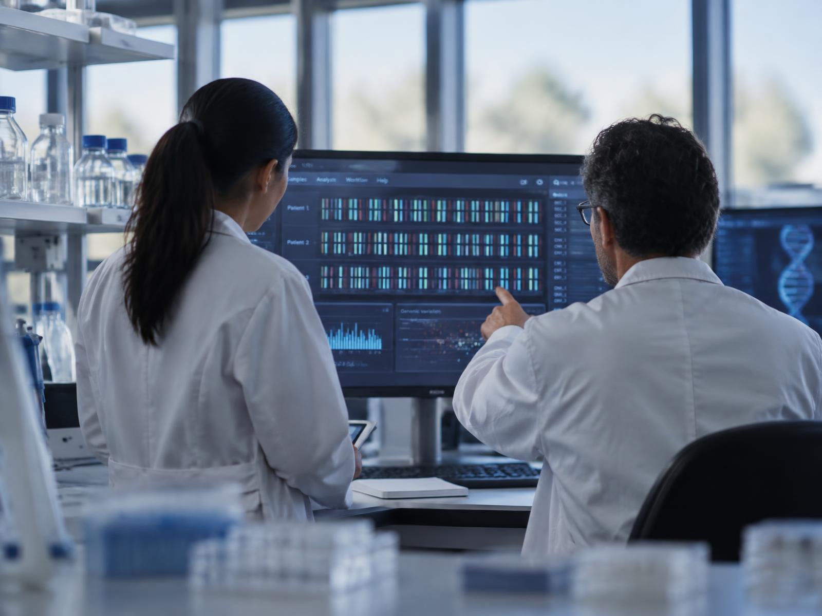 Two researchers reviewing genomic data on a large screen in a modern laboratory