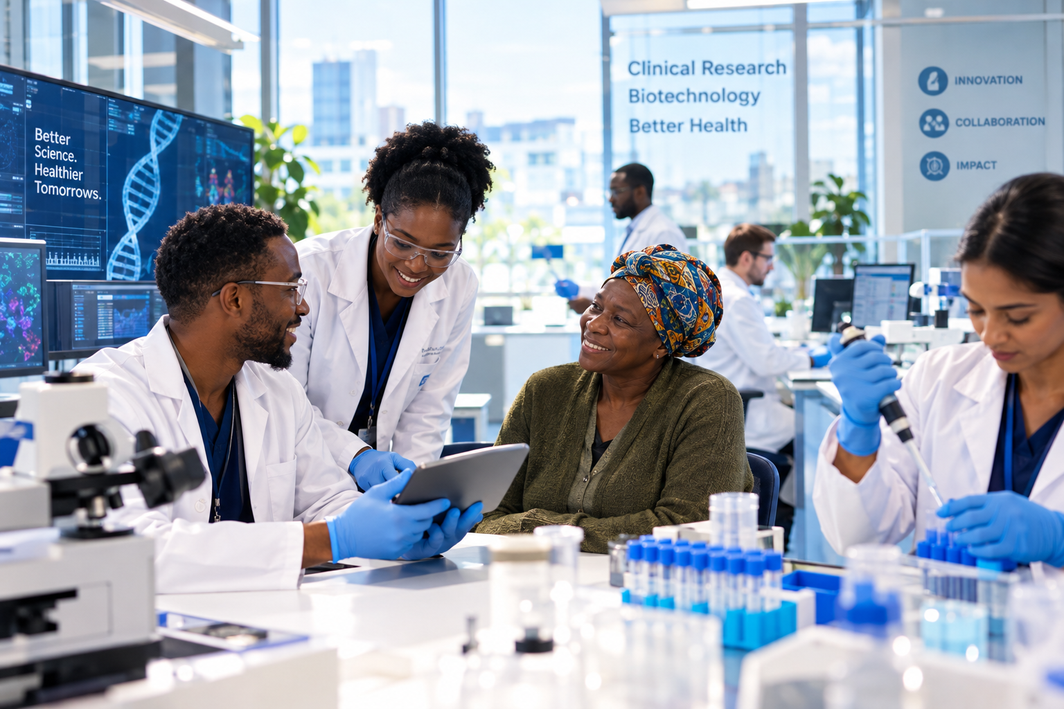 Clinical research professionals collaborating in a modern research environment
